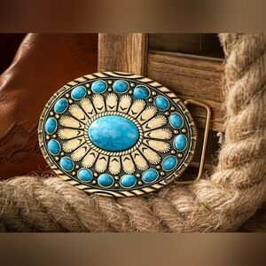Turqouise Western Cabachon belt buckle In Silver Or Gold